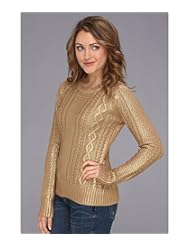 DVD: MICHAEL Michael Kors Womens L/S Foil Cable Crew Sweater Dark Camel XS