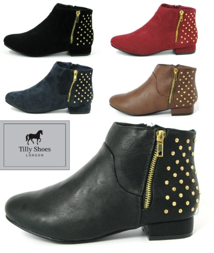 Flat WomNew Womans Faux Suede Black Navy Tan Red Ladies Gold Studs Zips Ankle Pixie Shoe Boots size 3 4 5 6 7 8 (UK 4, Black Faux Leather)