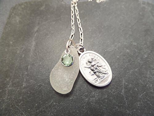 Irish Guardian Angel Religious Medal Necklace with White Sea Glass from Ireland, Reversable