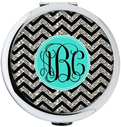 Black and White Chevron VS Cyan Monogram Design Custom Round Ultra-thin 0.8cm Compact Makeup Mirror