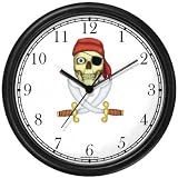 Skull with Eye Patch & Red Bandanna Hat & Crossed Swords - Pirate Theme - JP Wall Clock by WatchBuddy Timepieces (Hunter Green Frame)
