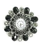Icon Collection Large Black/Grey Crystal Flower Fashion Ring Watch on Adjustable Stretch Band Silver Tone