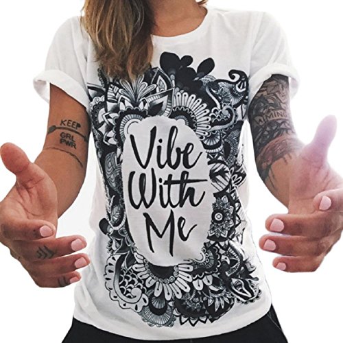 Lookatool Women Loose Summer Letter Printing Short Sleeve Blouse Vest T-Shirt (M, White)
