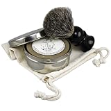 Premium Shaving Set with "Smooth Shave" Handcrafted All-Vegetable Shave Soap, Faux Ebony Badger Brush & Stainless Travel Bowl ~ Seattle Sundries