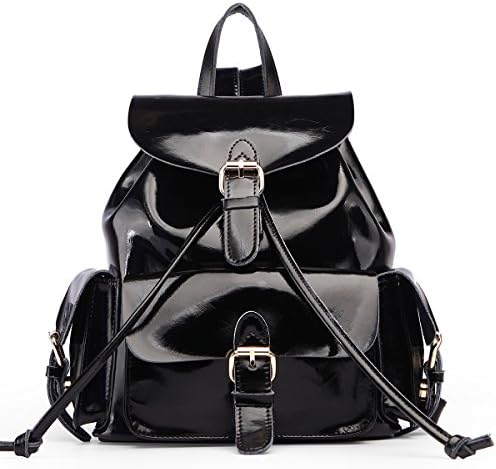 Damai Genuine Leather Womens Drawstring Backpack Shoulder Bag (Black)