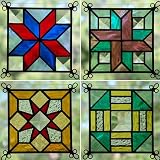 SET OF FOUR Stained ART Glass QUILT BLOCK PATTERN Collectible Panel WINDOWS