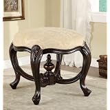 Stool in cappuccino with carved wood frame and floral print upholstery