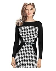Faux-Leather/Polyester/Spandex Long Sleeves Sheath Belted Houndstooth Print Bodycon Dress 