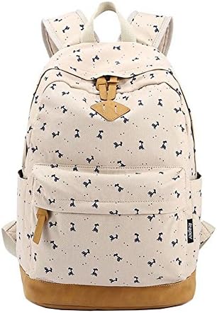 minycoo Korean Flower Floral Printed Canvas Daypacks College Student Bookbags Laptop Backpack Beige