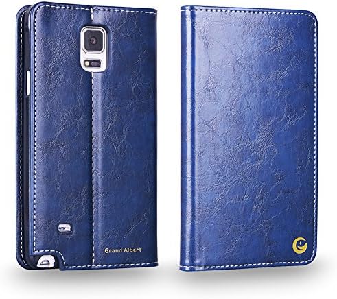 Note4 Case, Grand Albert Note4 Wallet Case N910 Case [Dark Brown] - Premium Genuine Leather Wallet Cover with [Card Slots] and [Strap] for Samsung Note4 N910 (PU Blue)