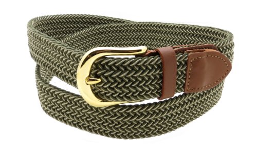 Olive & Beige Braided Elastic Stretch Leather Tipped Belt Gold Buckle