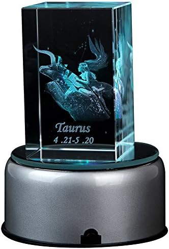Philosophers 12 Constellations 3d Laser Crystal Cube Subsurface Engraved Taurus with Rotary LED Plastic Stand Multicolor