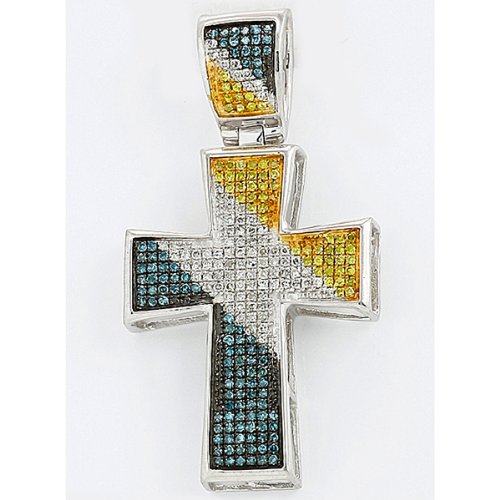 Sterling Silver Micro Pave Blue,White & Yellow Diamond Mens Hip Hop Religious Cross Pendant (0.50 cttw, I1-I2)