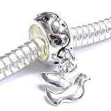 Queenberry Sterling Silver Round Peace Bird Dove Dangle Bead Charm For Pandora Troll European Charm Bracelets