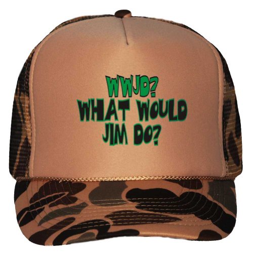 WWJD? What would Jim do? Adult Brown Camo Mesh Back Hat / Baseball Cap