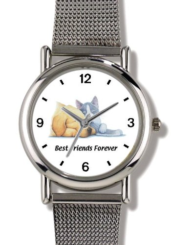 Yellow Labrador Retriever Puppy and Gray & White Kitten JP Dog - WATCHBUDDY® ELITE Chrome-Plated Metal Alloy Watch with Metal Mesh Strap-Size-Small ( Standard Women's Size )
