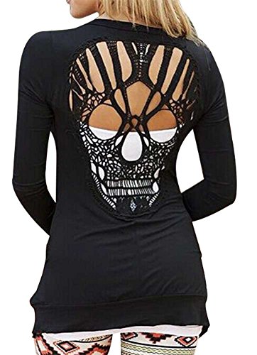 KOINECO Women's Long Sleeeve Opne Front Cut Out Black Skull Tops