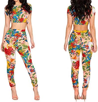 Alionz Women Short Sleeve Sexy Floral Tops & Pants Clubwear Party Set Two S Multicolor