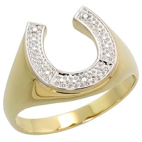 10K Gold Horse Shoe Men's Ring, w/ Brilliant Cut Diamonds, 9/16" (14mm) wide