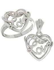 Sterling Silver LOVE Ribbon Ring & Pendant Set CZ Stones Rhodium Finished
