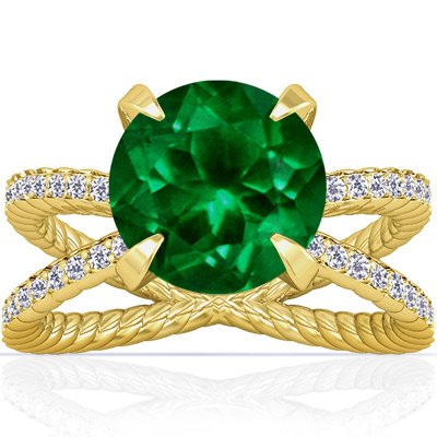 18K Yellow Gold Round Cut Emerald Ring With Sidestones