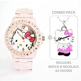 Hello Kitty Sports Quartz Wrist Watch Translucent Pink with Diamond Colored Rhinestone Bezel with Hello Kitty Pirate Charm Necklace -- COMBO PACK