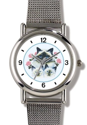 Birman Cat Mom and Kittens with Roses Cat - JP - WATCHBUDDY® ELITE Chrome-Plated Metal Alloy Watch with Metal Mesh Strap-Size-Large ( Men's Size or Jumbo Women's Size )