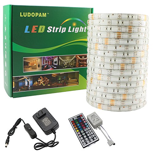 LudoPam Flexible Led Strip Lights IP65 Waterproof SMD5050 RGB Color Changing Full Kit with 44 Keys IR Remote Controller DC 12V Power Supply for Kicthen Bedroom Sitting Room and Outdoor Garden