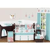 Unique Turquoise Blue and Coral Emma Baby Girls 9 Piece Floral Modern Crib Bedding Set
