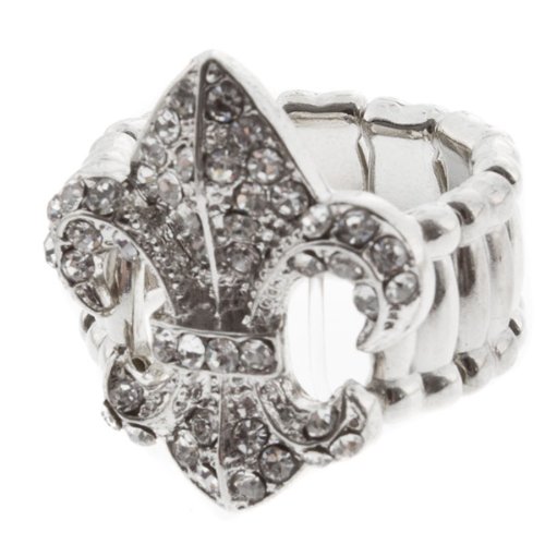 Silver Toned Stretch Band Ring with Crystal Rhinestones Surrounding the Fleur De Lis, New Orleans Saints