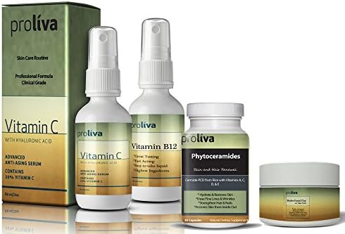 Proliva Skin Care Set for Your Skin Care Routine. Vitamin B12. Vitamin C Serum for Perfect Skin Care Treatments, Phytoceramides for You Skin Care From the Inside Out,phyto hair products, and Weekly Hydro Facial Clay for Your Weekly Skin Care Routine. Vitamin C Serum with 20% Vitamin C + Amino + Hyaluronic Acid * Phytoceramides Pcd- Japanese Patented Product. *Proliva Hydro Facial Clay with Aloe Vera Tratment Is the Weekly Skin Care Routine Time to Sit Back and Relax. Proliva Skin Care Routine Set Will Allow You to Look Year Younger Guaranteed