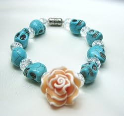 Punk Rock Emo Turquoise skull and pink rose gothic love bracelet