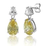 Mother's Day Sterling Silver Canary Yellow Duo Pear Cubic Zirconia Dangle Earrings