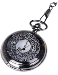 Pocket Watch Quartz Movement Black Case White Dial Arabic Numerals with Chain Half Hunter Vintage Design PW-22