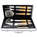 Barbecue Grillbesteck Set 6-teilig Edelstahl, Griffe aus Bambusholz, im Koffer