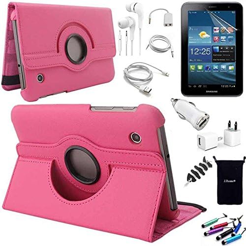 AceNear Accessory Bundle For ASUS MeMO Pad 8 (ME181C) Tablet - New 360 Degress Rotating Stand Leather Folio Case Cover , Headset Dust Plug Capacitive Stylus, Screen Protector, USB Cable, Charger, Earphone, bag, Car Charger Adapter - pink