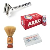 SF400-Shaving Factory DE Safety Razor, Hand Made Shaving Brush, Arko Shaving Soap and 10 Merkur Platinum Double Edge Razor Blades. Great Valentines Day Gift Set.