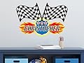 Race Flags with Custom Name Fabric Wall Decal - NASCAR Inspired Racing Name Wall Sticker - Reusable, Repositionable