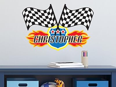 Race Flags with Custom Name Fabric Wall Decal - NASCAR Inspired Racing Name Wall Sticker - Reusable, Repositionable