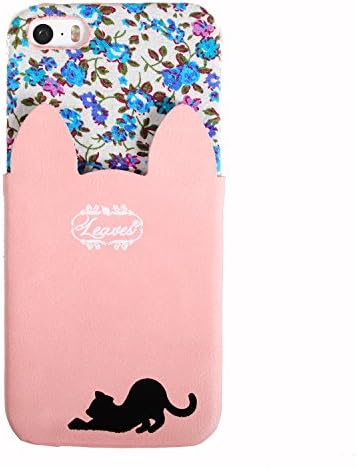 [Sweet Pink] Cute Cat Ear Shape ip5 PU Leather Flower Layered Back Pocket Rigid Case Cover For Apple iphone 5/5S