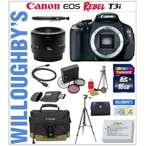 Canon EOS Rebel T3i 18 MP CMOS Digital SLR Camera Body + Canon EF 50mm f/1.8 II + Transcend 16GB SDHC Class 10 Memory Card + Sunpak 6600DX Digital Tripod + Canon LPE8 Spare Battery + 3pc Essential Filter Kit + Canon Deluxe Gadget Bag & Much More! Willoughb\’s Est. 1898 Portrait Enthusiast Bundle