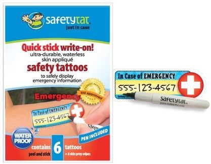 Quick Stick Write-on! Child ID Tattoos ICE (In Case of Emergency) 6pk. With FREE Tattoo Marking Pen by SafetyTat.