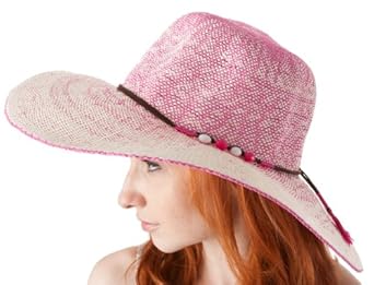 Womens Upf 50+ 100% 2-tone Paper Straw Beaded Accent Wide Brim Floppy Hat