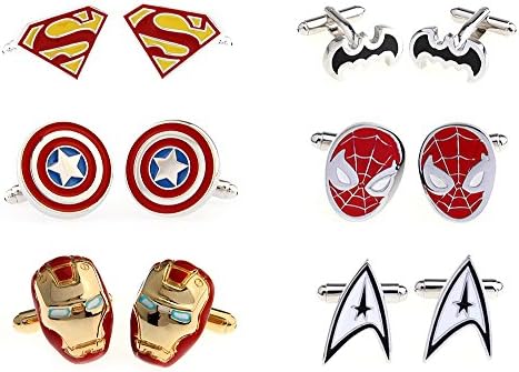6 Pairs of Superhero Cufflinks with Velvet Pocket for Men, Superman, Batman, Captain America, Spider-man