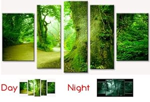 Kiwi Clock Gift with Trees in the Forest Canvas Wall Art Set of 5 Total 35.43 X 70.87 Startonight