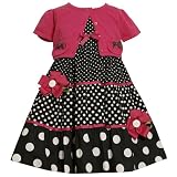 Bonnie Jean TODDLERS 2T-4T 2-Piece FUCHSIA-PINK BLACK WHITE TIERED TRIPLE DOT PRINT Special Occasion Party Dress/Sweater Set