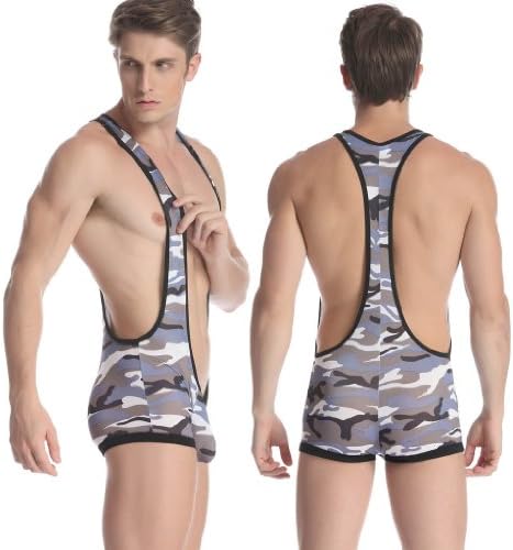 Sexy Man's Camouflage Boxer Bodysuit Underwear Singlet Wrestling Leotard Vest (M (Height 168~175cm), Camouflage Steel Grey)