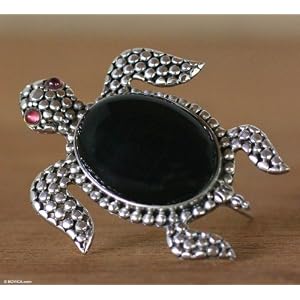 Onyx and garnet brooch, 'Black Sea Turtle' 1.8 W 2.2 L by