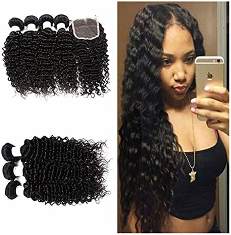JieFar Brazilian Deep Wave Hair 3 Bundles with 1PC 44 Free Part Lace Closure 100% Unprocessed Human Hair Weave Extensions Natural Color (18 "20" 22"+18")
