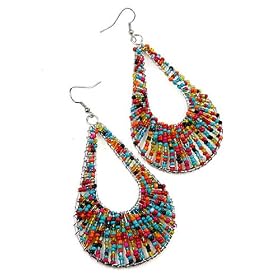 Silver Tone Dark Beaded Teardrop LARGE Long Earrings Fashion Jewelry thumbnail